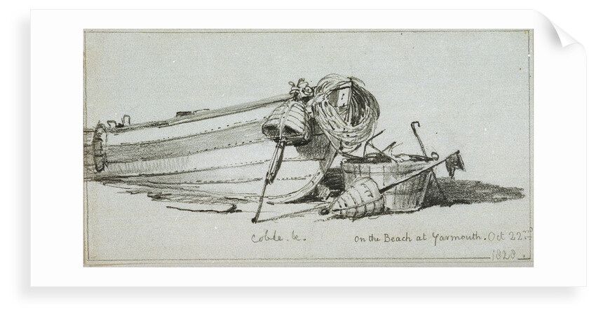 A coble on the beach at Yarmouth, starboard bow, with dan buoys and a fishing line tug by Edward William Cooke