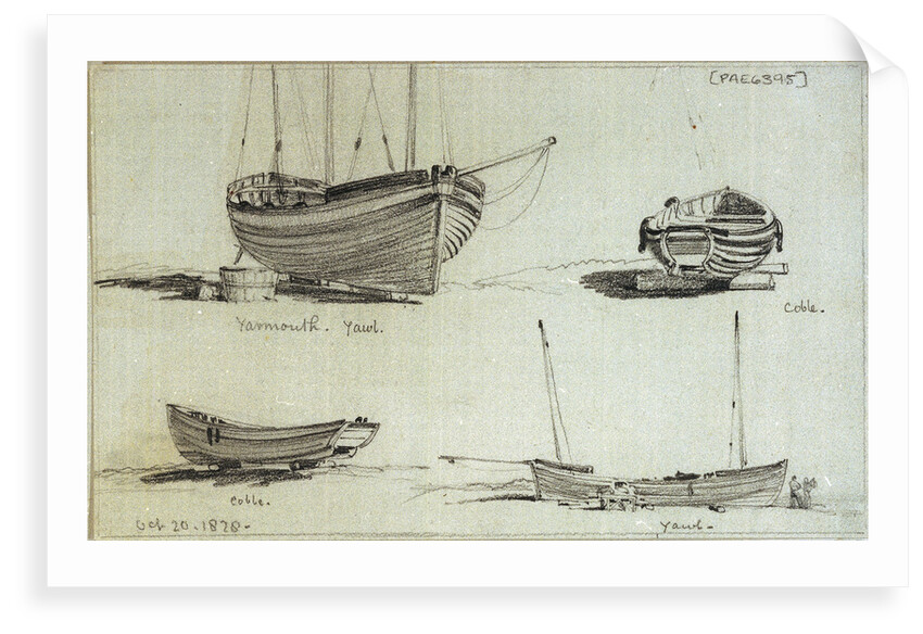 A three masted yawl, a two masted yawl and two views of a coble on Yarmouth beach by Edward William Cooke