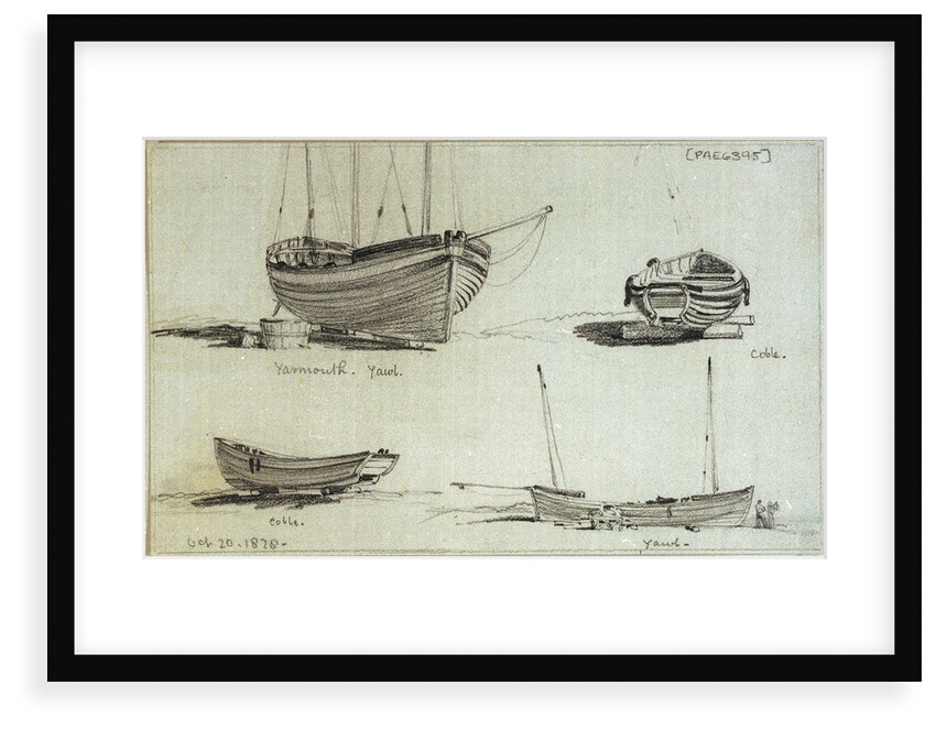A three masted yawl, a two masted yawl and two views of a coble on Yarmouth beach by Edward William Cooke