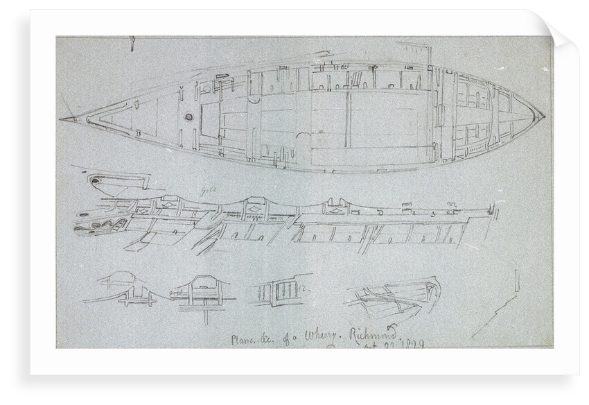 Constructional details of a wherry at Richmond with notes, with more wherry details on reverse. All studies for the shipping and craft plate by Edward William Cooke