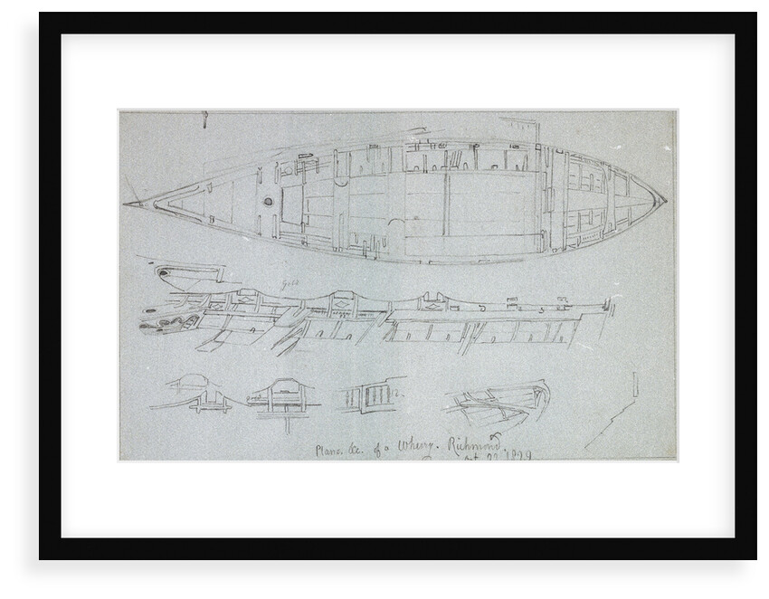 Constructional details of a wherry at Richmond with notes, with more wherry details on reverse. All studies for the shipping and craft plate by Edward William Cooke
