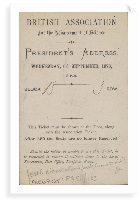 Invitation to the President's Address, British Association for the Advancement of Science, 6 September 1876 by Edward William Cooke