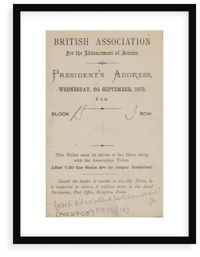 Invitation to the President's Address, British Association for the Advancement of Science, 6 September 1876 by Edward William Cooke
