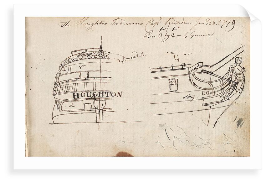 Annotated sketches of the stern, bow and figurehead of the Indiaman Houghton with inscription (on reverse) by Thomas Luny