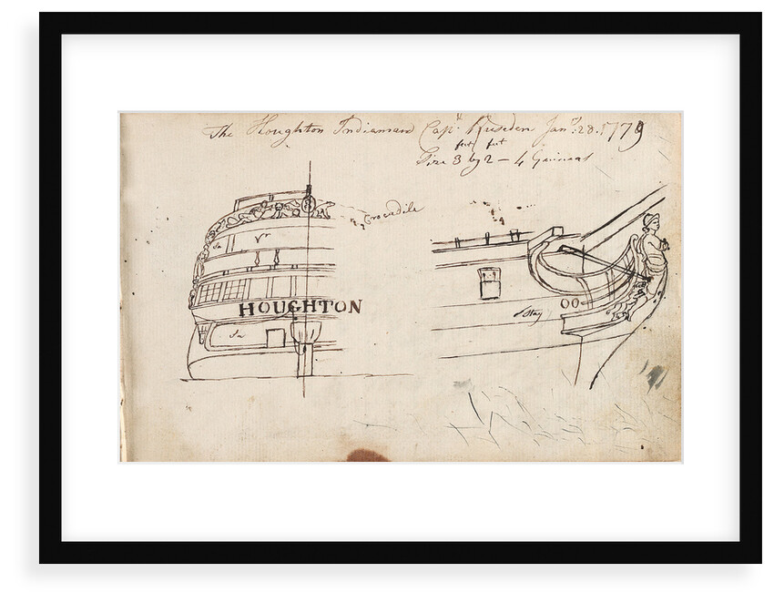 Annotated sketches of the stern, bow and figurehead of the Indiaman Houghton with inscription (on reverse) by Thomas Luny