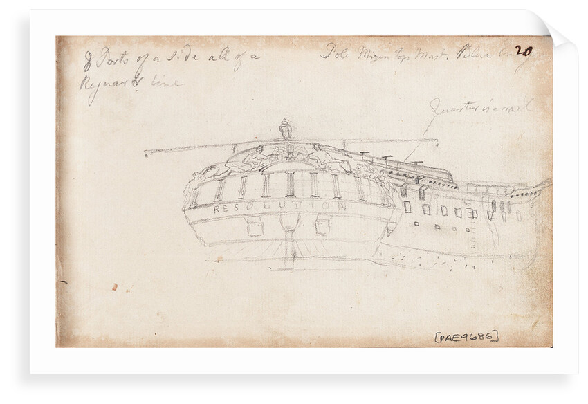 Sketch of the stern of 'Resolution' with notes by Thomas Luny