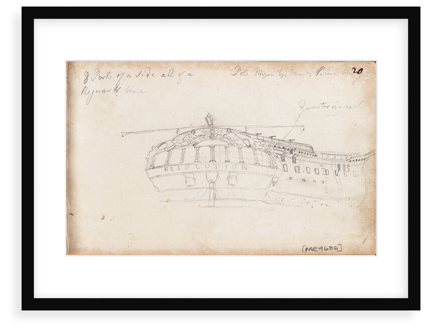 Sketch of the stern of 'Resolution' with notes by Thomas Luny