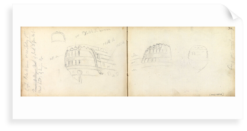 Slight sketches of stern of vessel 'General Goddard', with notes by Thomas Luny