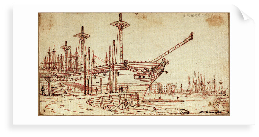 Dockyard scene showing various large docked sailing vessels by Henry Moses