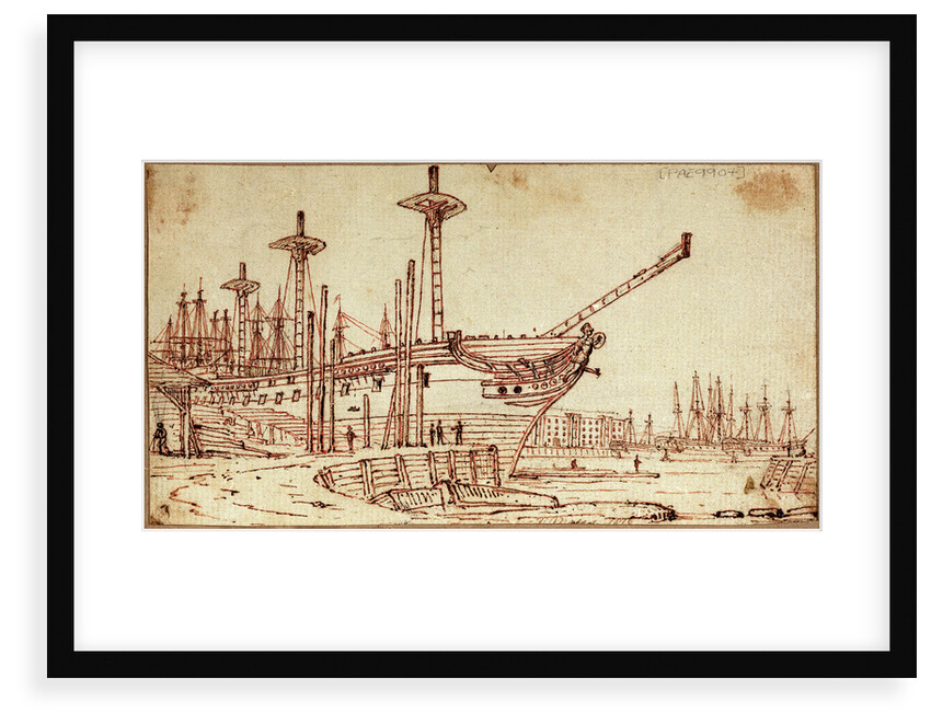 Dockyard scene showing various large docked sailing vessels by Henry Moses