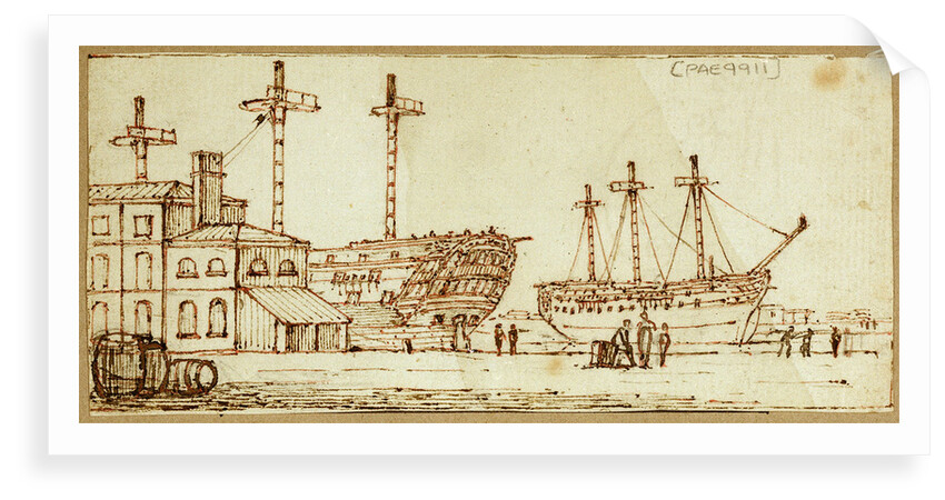 Dockyard scene with barrels and figures in foreground and two large sailing vessels in dock by Henry Moses