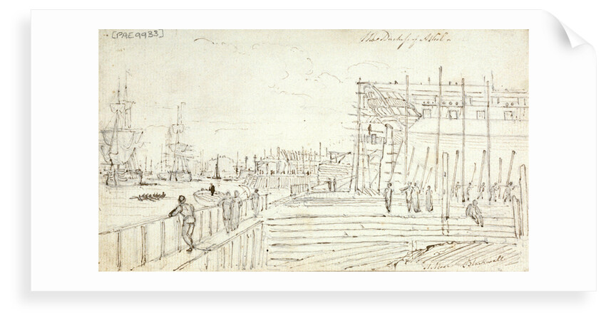 The 'Duchess of Atholl' being built at Blackwall with figures looking around the yard and shipping on the Thames by Henry Moses