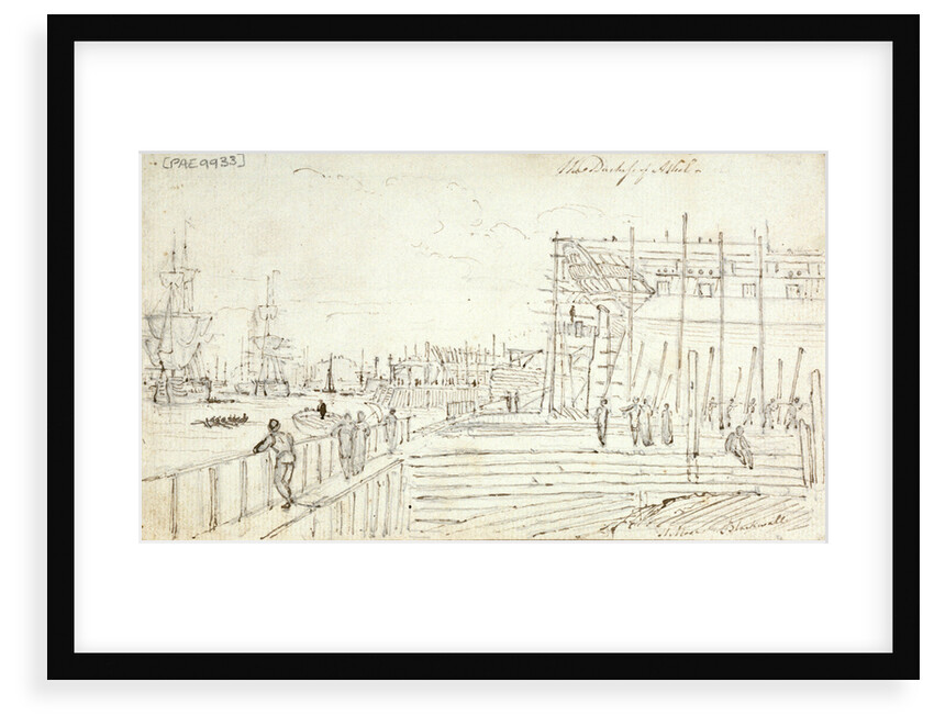 The 'Duchess of Atholl' being built at Blackwall with figures looking around the yard and shipping on the Thames by Henry Moses