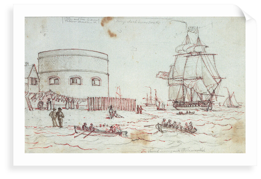 Sketch of a naval vessel the Tweed entering Portsmouth, with figures in rowing boats and on the shore in the foreground, and women hanging out washing, with inscriptions by Henry Moses