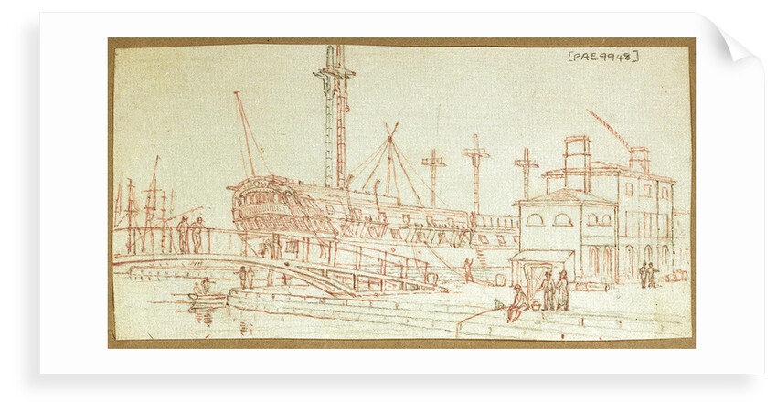View of a hulk in a dockyard with a bridge stretching across the quayside and figures fishing and standing about by Henry Moses