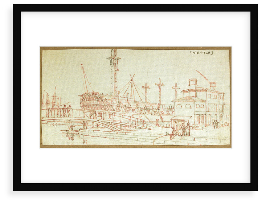 View of a hulk in a dockyard with a bridge stretching across the quayside and figures fishing and standing about by Henry Moses