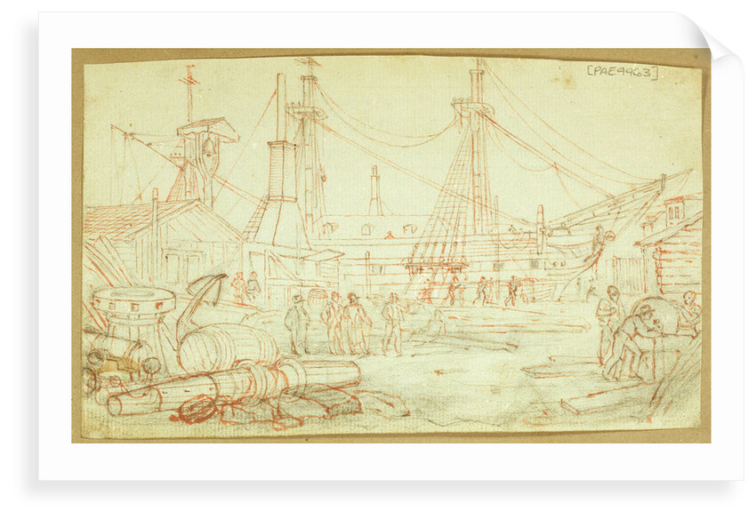 Figures working in a dockyard, a sailing vessel moored, with barrels, an anchor and a capstan in the left foreground by Henry Moses