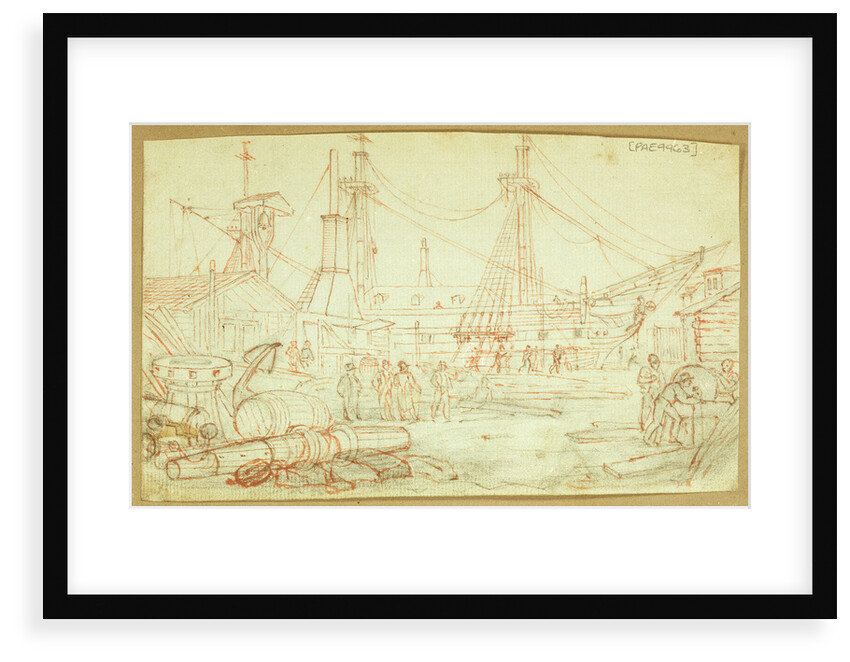 Figures working in a dockyard, a sailing vessel moored, with barrels, an anchor and a capstan in the left foreground by Henry Moses