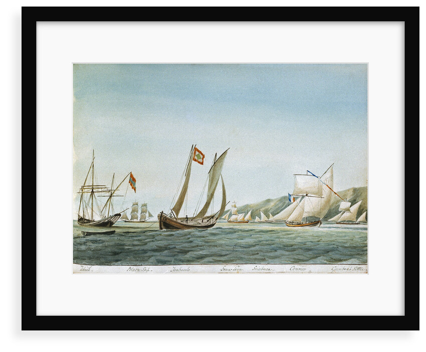 Sketch of various sorts of vessels in the Adriatic, including a zebeck [xebec], trabacolo [trabaccolo], a French courier and a gunboat settee by William Innes Pocock
