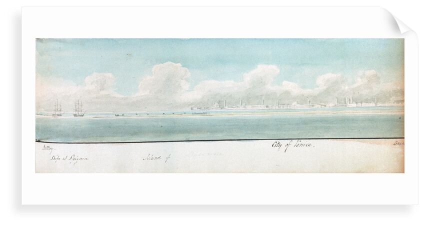Two separate drawings of the city of Trieste and the city of Venice both from the sea by William Innes Pocock