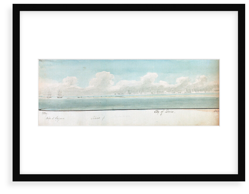 Two separate drawings of the city of Trieste and the city of Venice both from the sea by William Innes Pocock