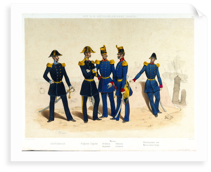 The midshipman, frigate captain, Naval artillery captain and infantry lieutenant, and Lieutenant of the Marine Engineer Corps standing in a portside scene by Franz Gerasch