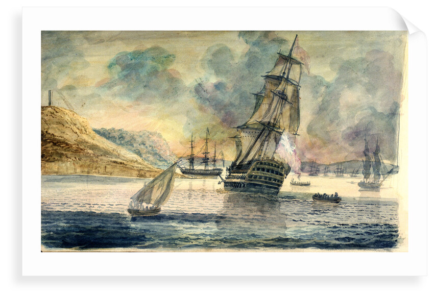British man of war in a Mediterranean anchorage by D. Tandy