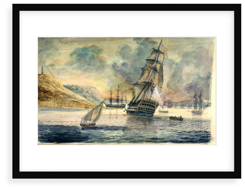 British man of war in a Mediterranean anchorage by D. Tandy