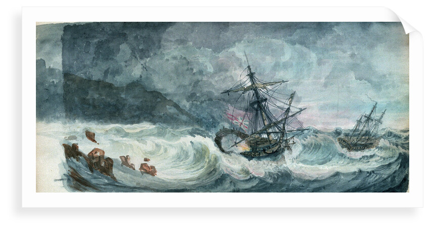 Partly dismasted British man-of-war being driven onto rocks in a storm, with another standing off by D. Tandy