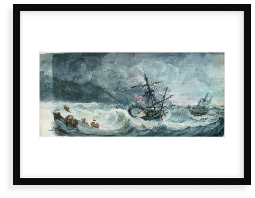 Partly dismasted British man-of-war being driven onto rocks in a storm, with another standing off by D. Tandy