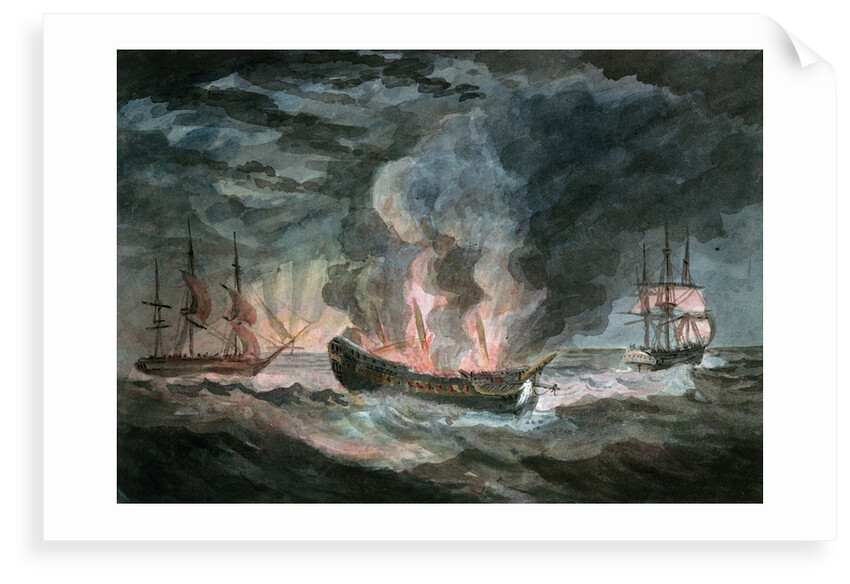 Fighting vessel blowing up at sea, with two others nearby by D. Tandy