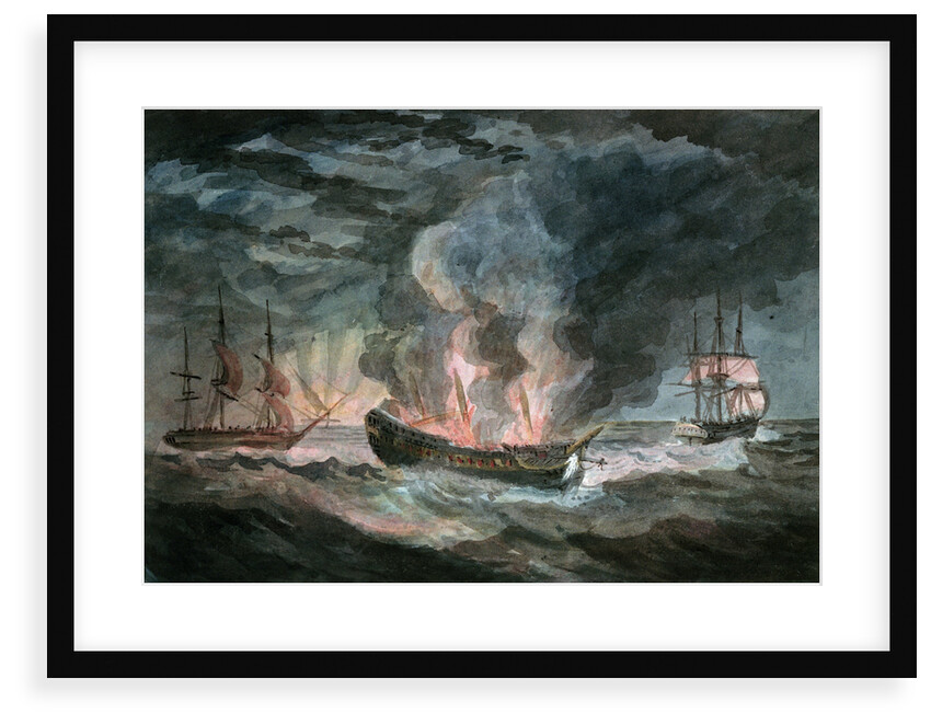 Fighting vessel blowing up at sea, with two others nearby by D. Tandy