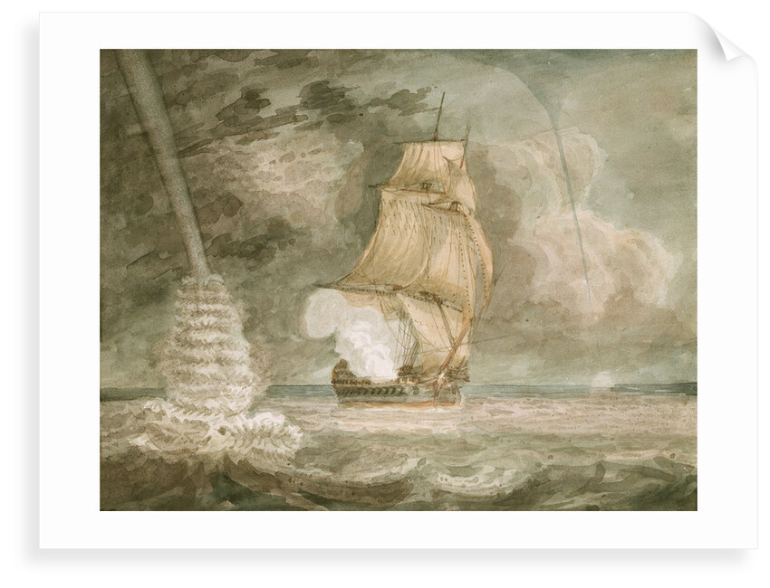 Naval vessel at sea, firing a gun, with waterspouts starboard and port by D. Tandy