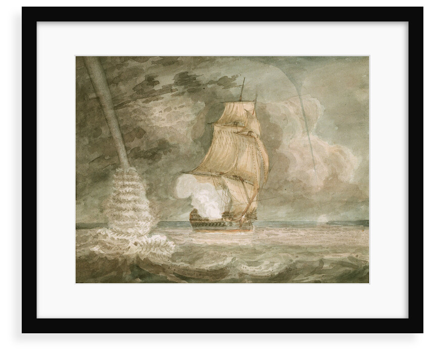 Naval vessel at sea, firing a gun, with waterspouts starboard and port by D. Tandy