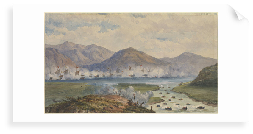 The China War 1857. Junk fleet against mountainous background. Boats pulling in river at right by Thomas Goldsworth Dutton