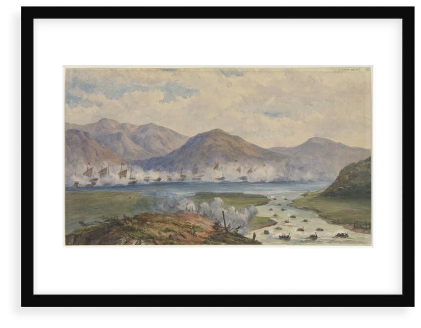 The China War 1857. Junk fleet against mountainous background. Boats pulling in river at right by Thomas Goldsworth Dutton