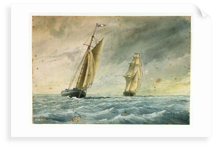 A pilot cutter, standing off, in the shipping lane with a full rigged ship astern by Harry Joseph Atkins