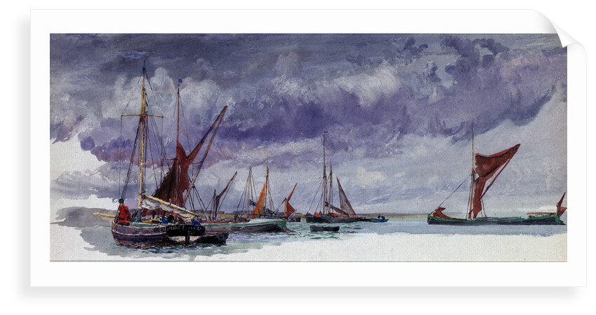Sailing vessels at anchor under a stormy sky (unfinished) by William Lionel Wyllie