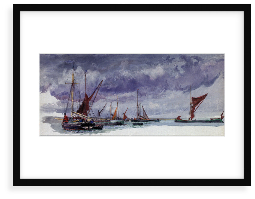 Sailing vessels at anchor under a stormy sky (unfinished) by William Lionel Wyllie