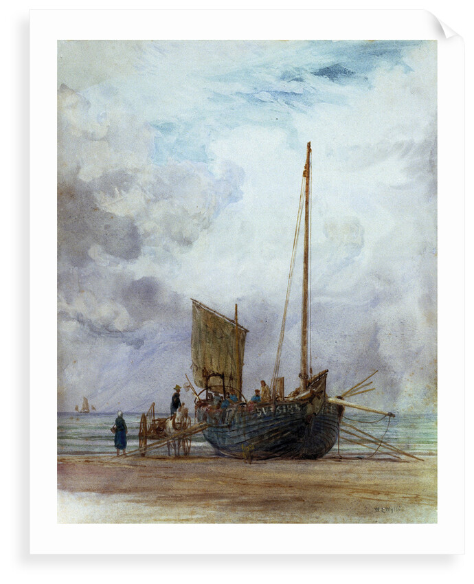 Beached fishing boat unloading into a cart, with figures by William Lionel Wyllie