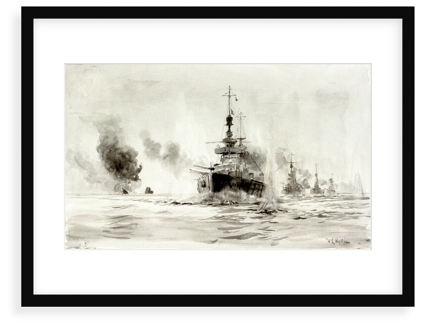 Study of the Battle of Jutland, 31st May 1916: HMS 'Lion' leading battle-cruisers past the wreck of 'Invincible', about 18.40 by William Lionel Wyllie