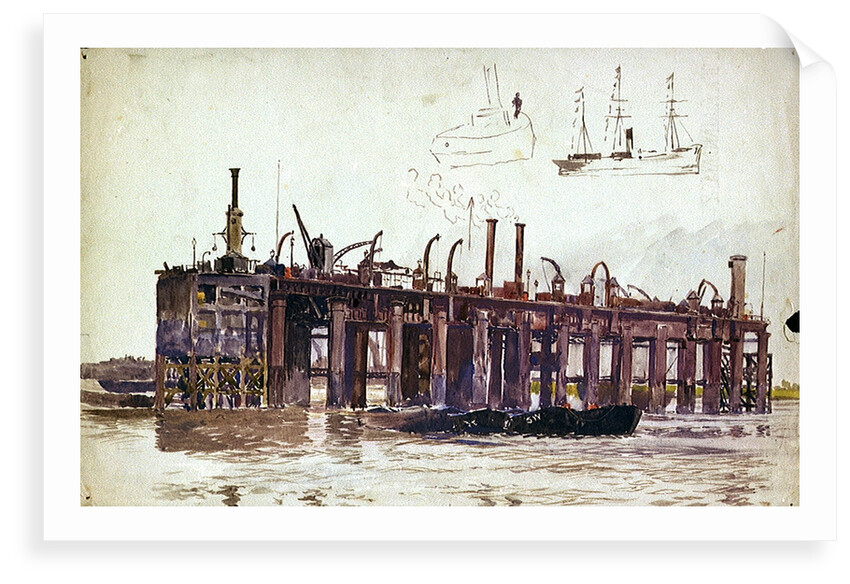 Jetty of Beckton Gasworks with very rough sketch of a ship and a tug by William Lionel Wyllie