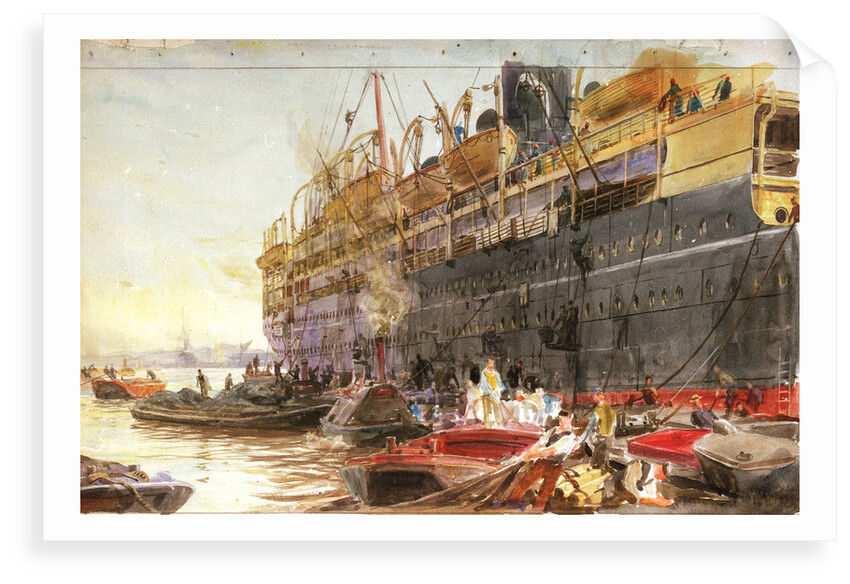 P&O liner coaling prior to embarkation, probably the 'Mongolia' (1922) by William Lionel Wyllie