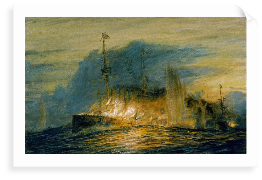 Rear Admiral Cradock's flagship, HMS 'Good Hope' (1901), on fire before blowing up at the battle of Coronel, 1 November 1914 by William Lionel Wyllie