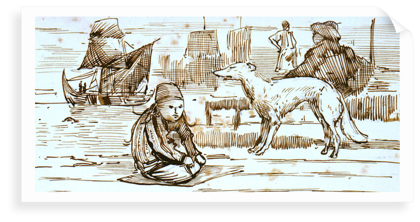 Turkish harbour scene with dog and small boy, and sailing vessel in background by C.W. Cole