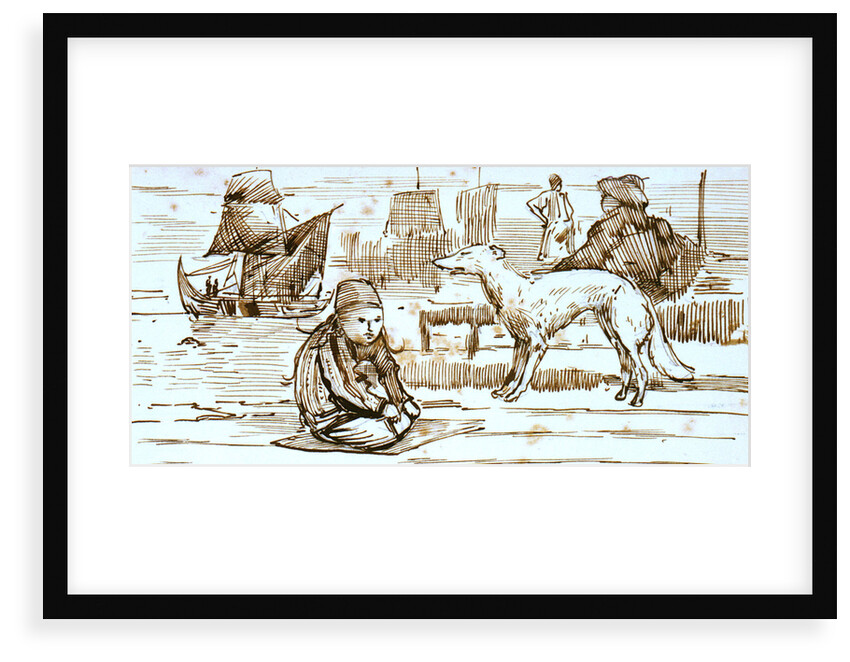 Turkish harbour scene with dog and small boy, and sailing vessel in background by C.W. Cole