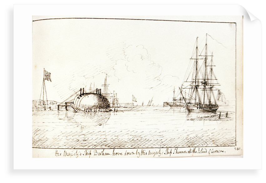 His Majesty's Ship Barham hove down by His Majesty's Ship Shannon at the Island of Curacoa by Lt Edward Bamfylde Eagles