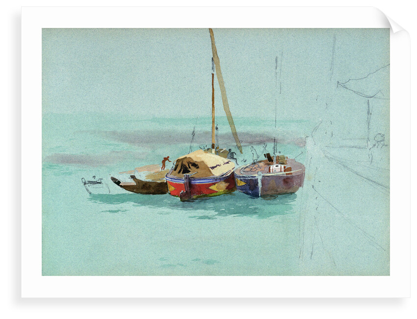 Sketch of three sailing vessels with cargo, moored alongside a larger vessel by John Fraser