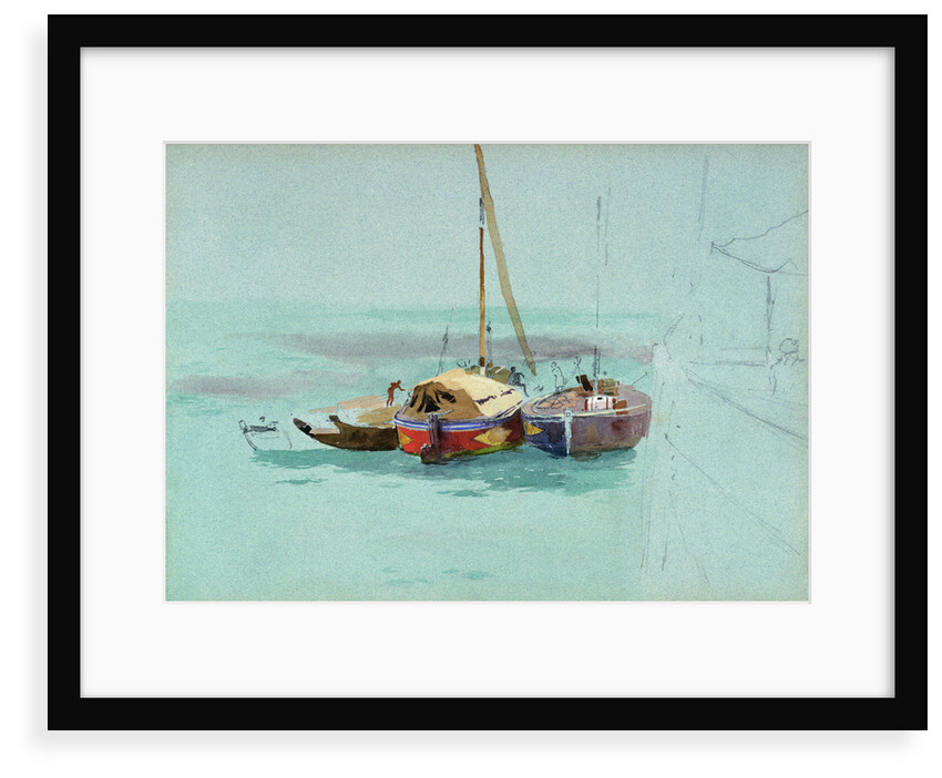 Sketch of three sailing vessels with cargo, moored alongside a larger vessel by John Fraser