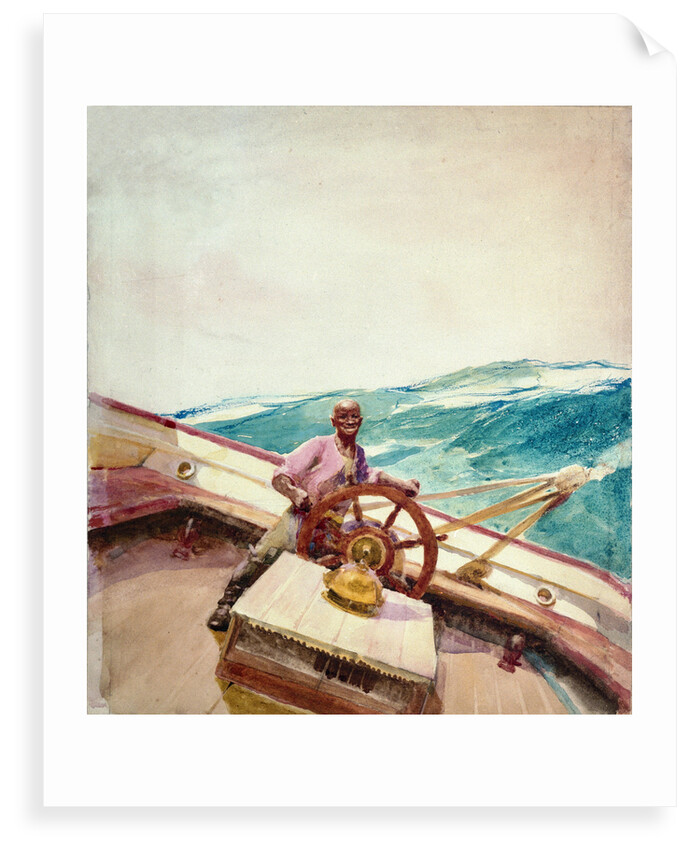 Negro at the wheel of a sailing vessel by John Fraser
